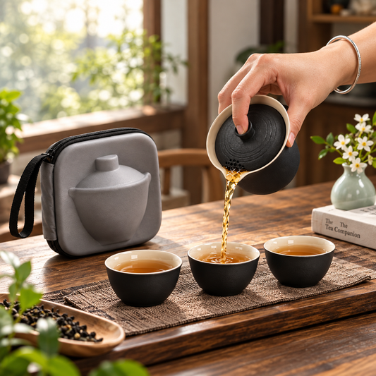 Portable Ceramic Gongfu Tea Set – 3 Cups & Travel Case